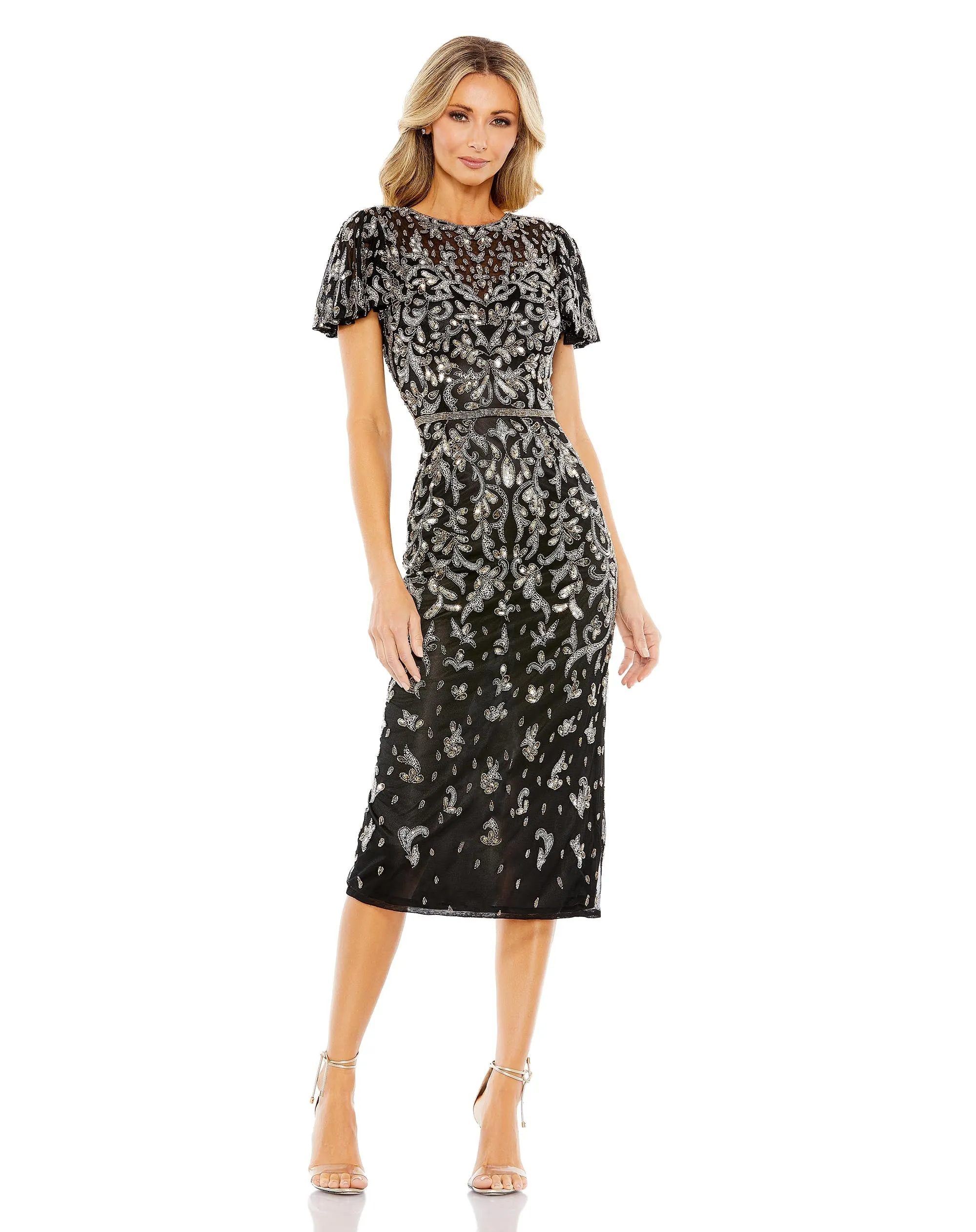 Black Embellished High Neck Flutter Sleeve Dress sold by Mac Duggal