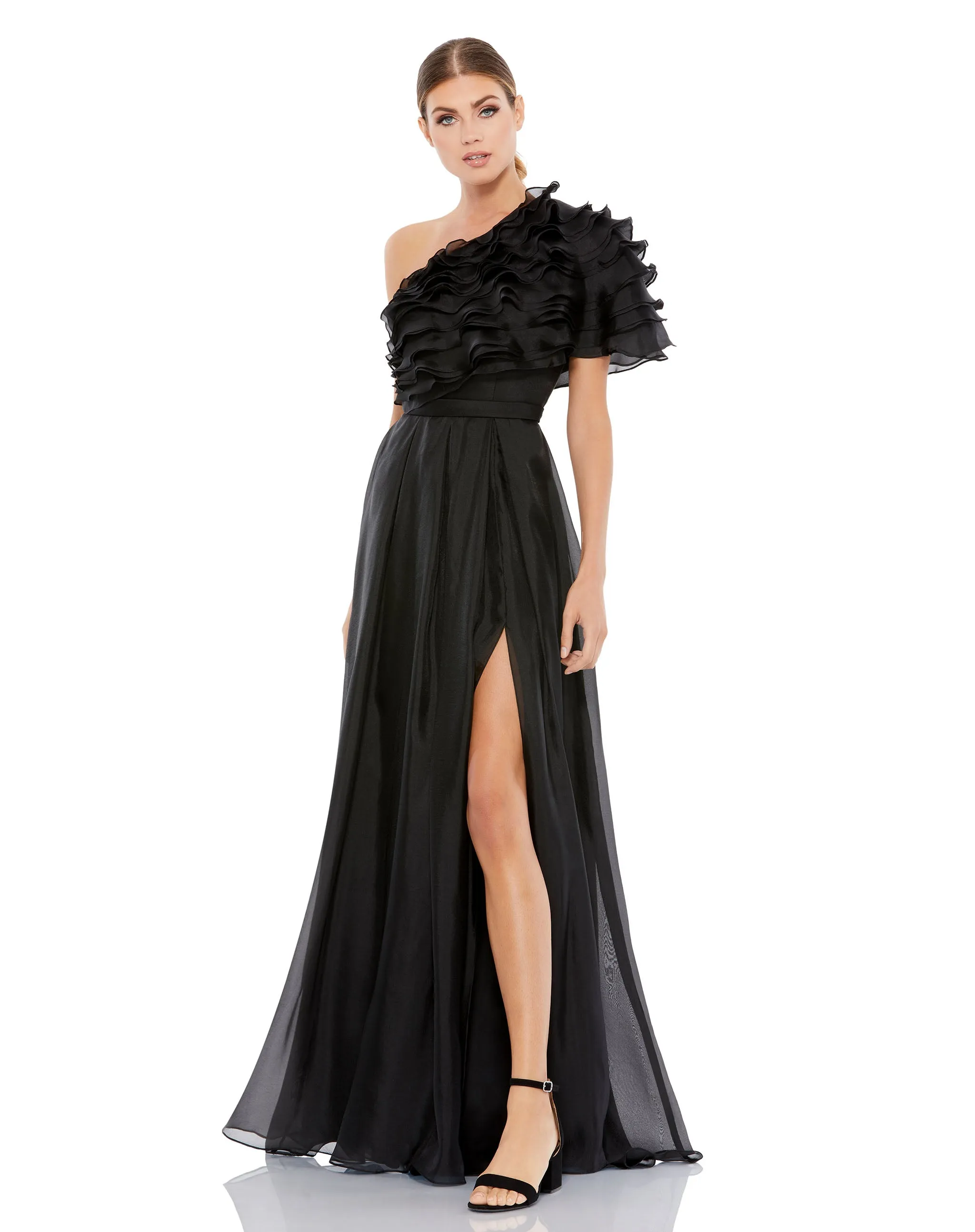 Black Ruffle Layered One Shoulder Gown sold by Mac Duggal