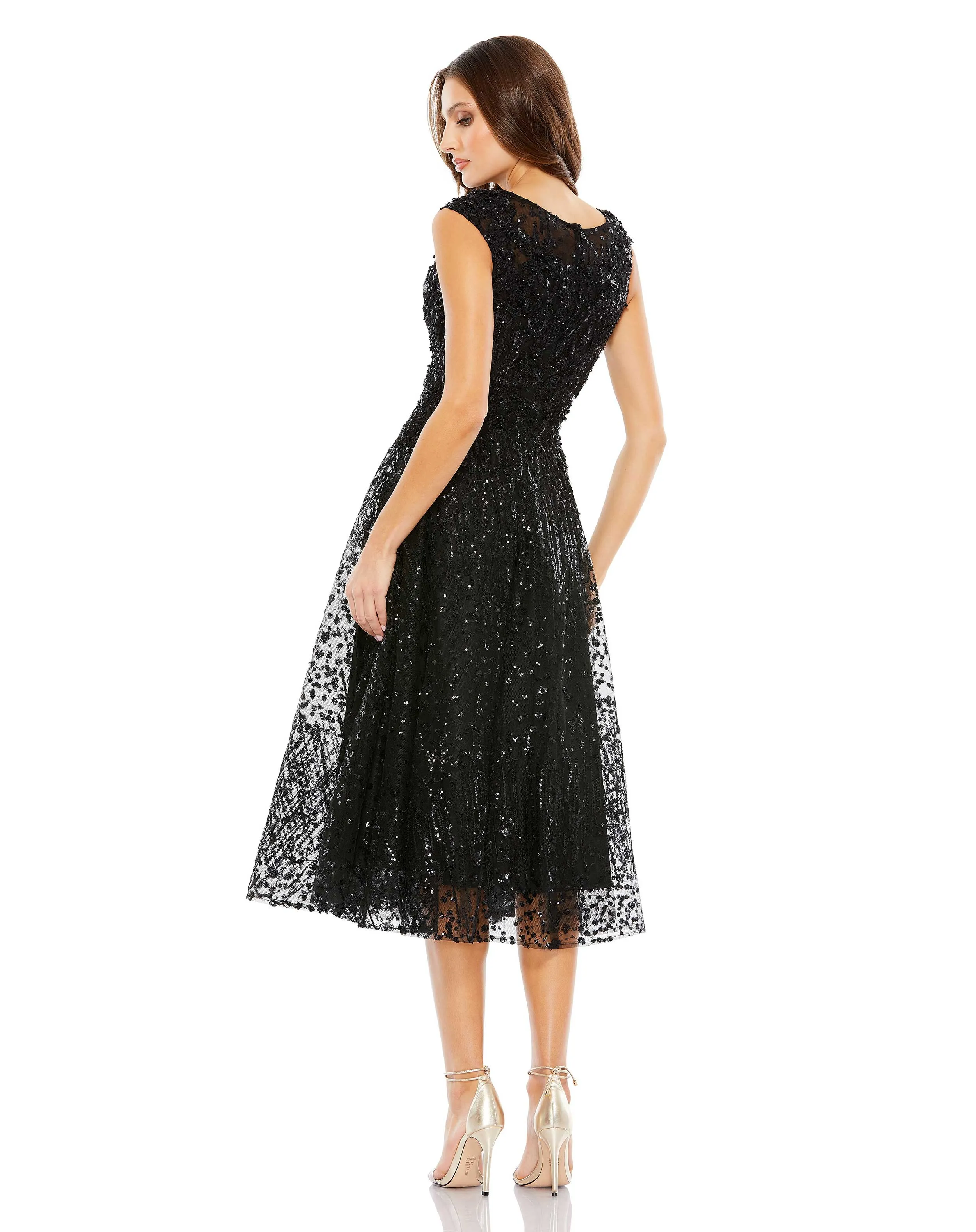 Black Sequined Cap Sleeve Fit and Flare Dress sold by Mac Duggal product image thumbnail 3