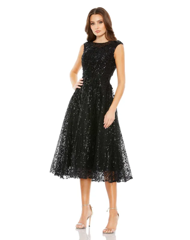 Black Sequined Cap Sleeve Fit and Flare Dress sold by Mac Duggal