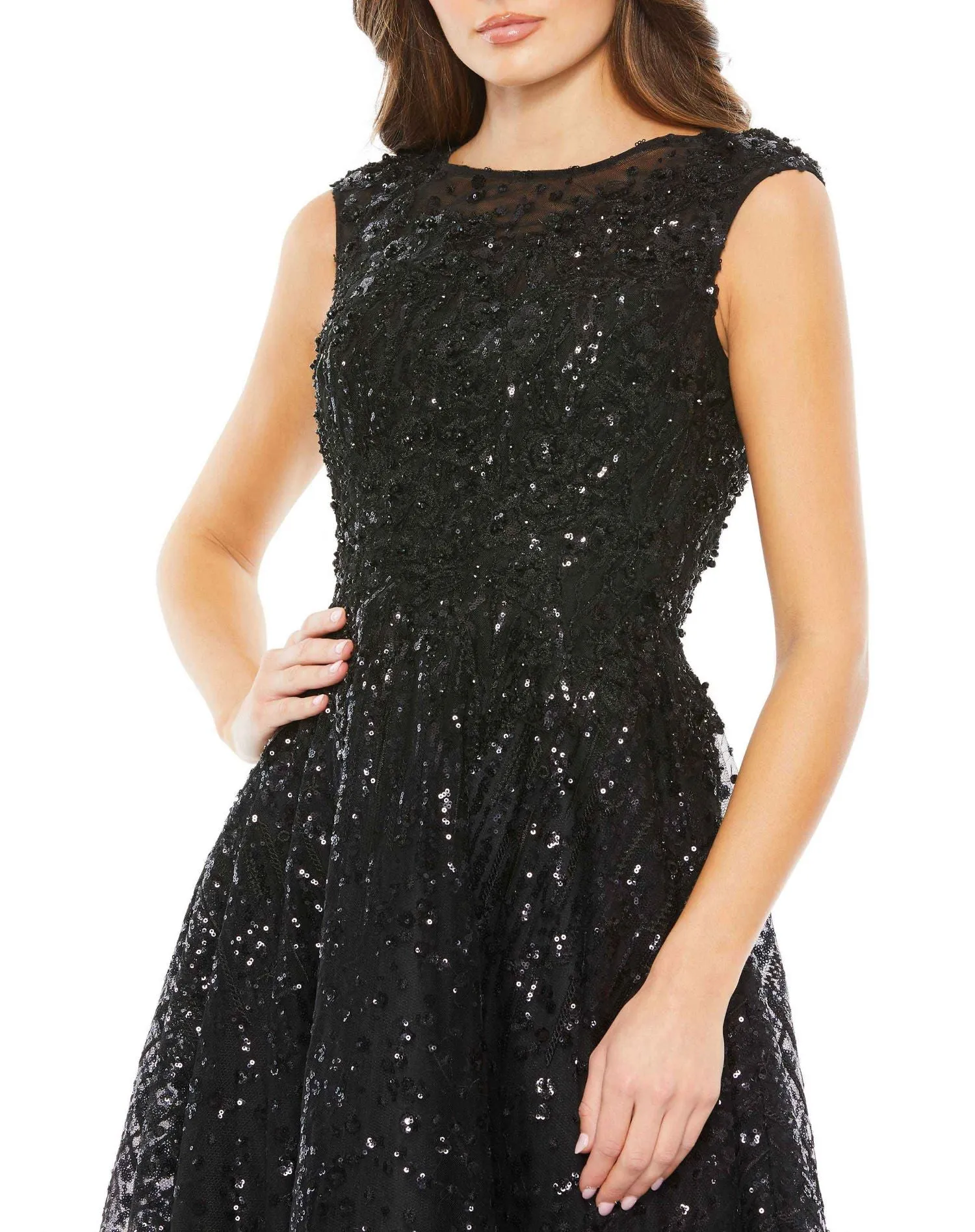Black Sequined Cap Sleeve Fit and Flare Dress sold by Mac Duggal product image thumbnail 2