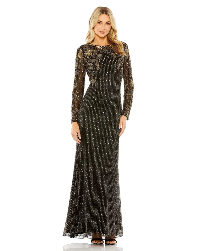 Black High Neck Long Sleeve Embellished Gown sold by Mac Duggal