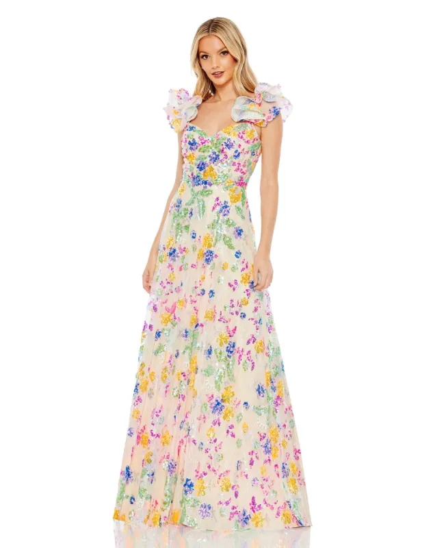 Multicolor Floral Sequin Embellished Ruffle Sleeve Gown made by Mac Duggal