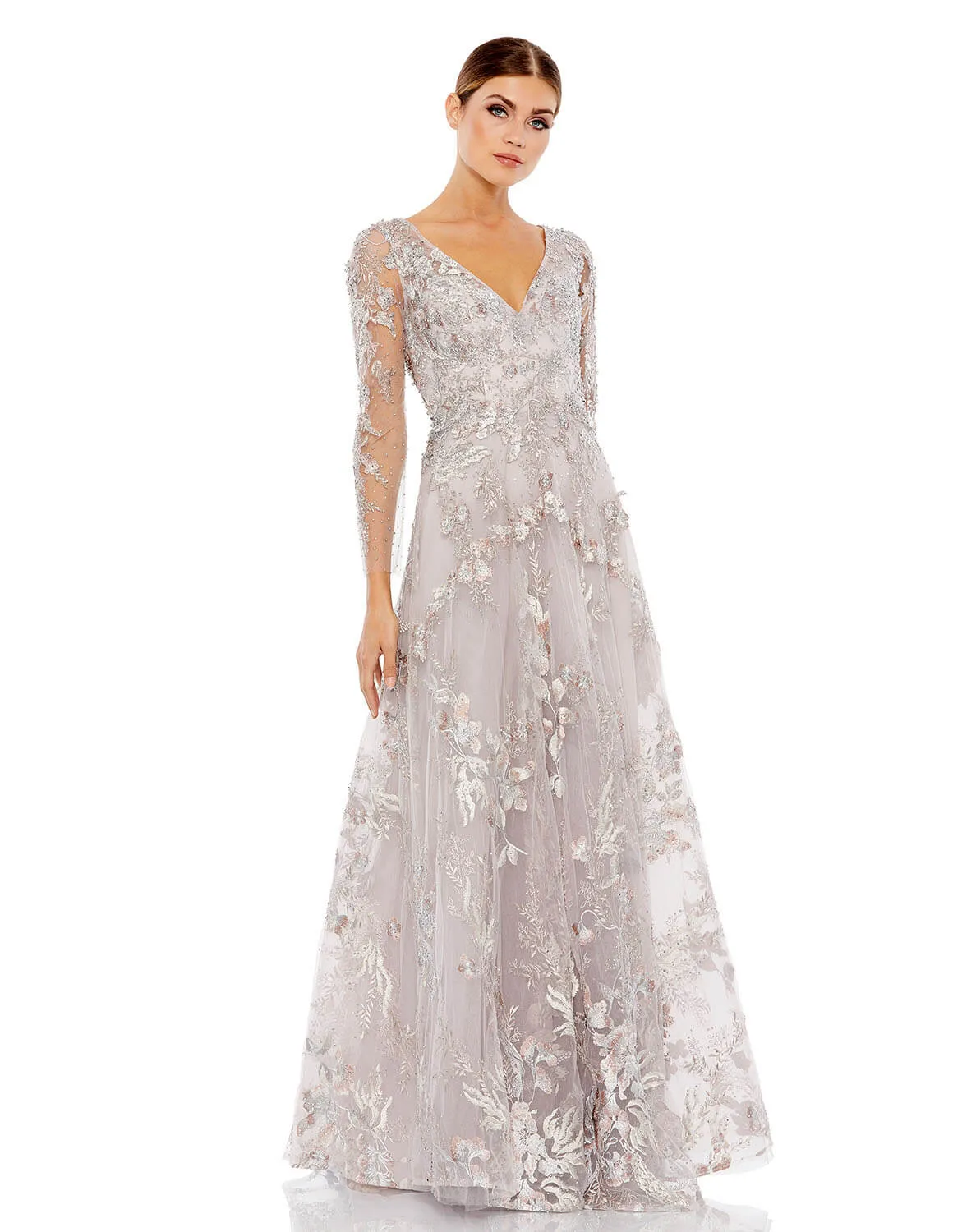 Purple Embroidered Illusion Long Sleeve A Line Gown sold by Mac Duggal