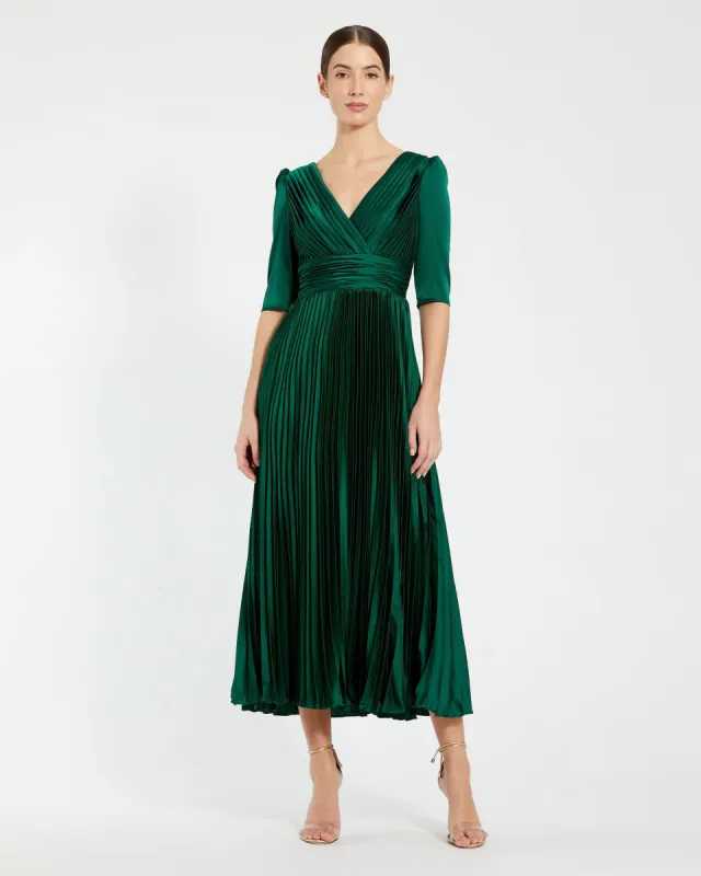 Green Quarter Sleeve V Neck Heat Pleated Dress sold by Mac Duggal
