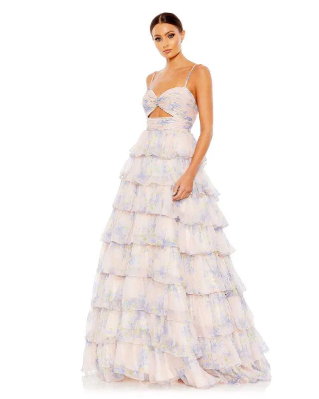 Purple Floral Cut Out Ruffle Layered Gown sold by Mac Duggal