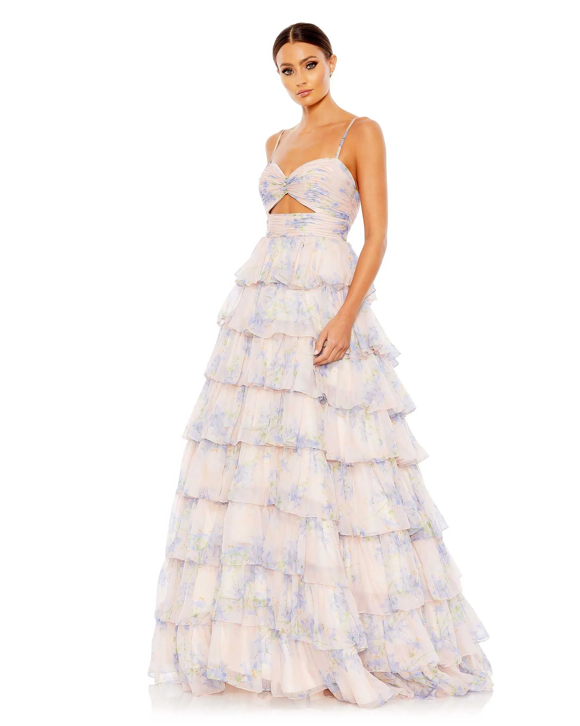 Purple Floral Cut Out Ruffle Layered Gown sold by Mac Duggal