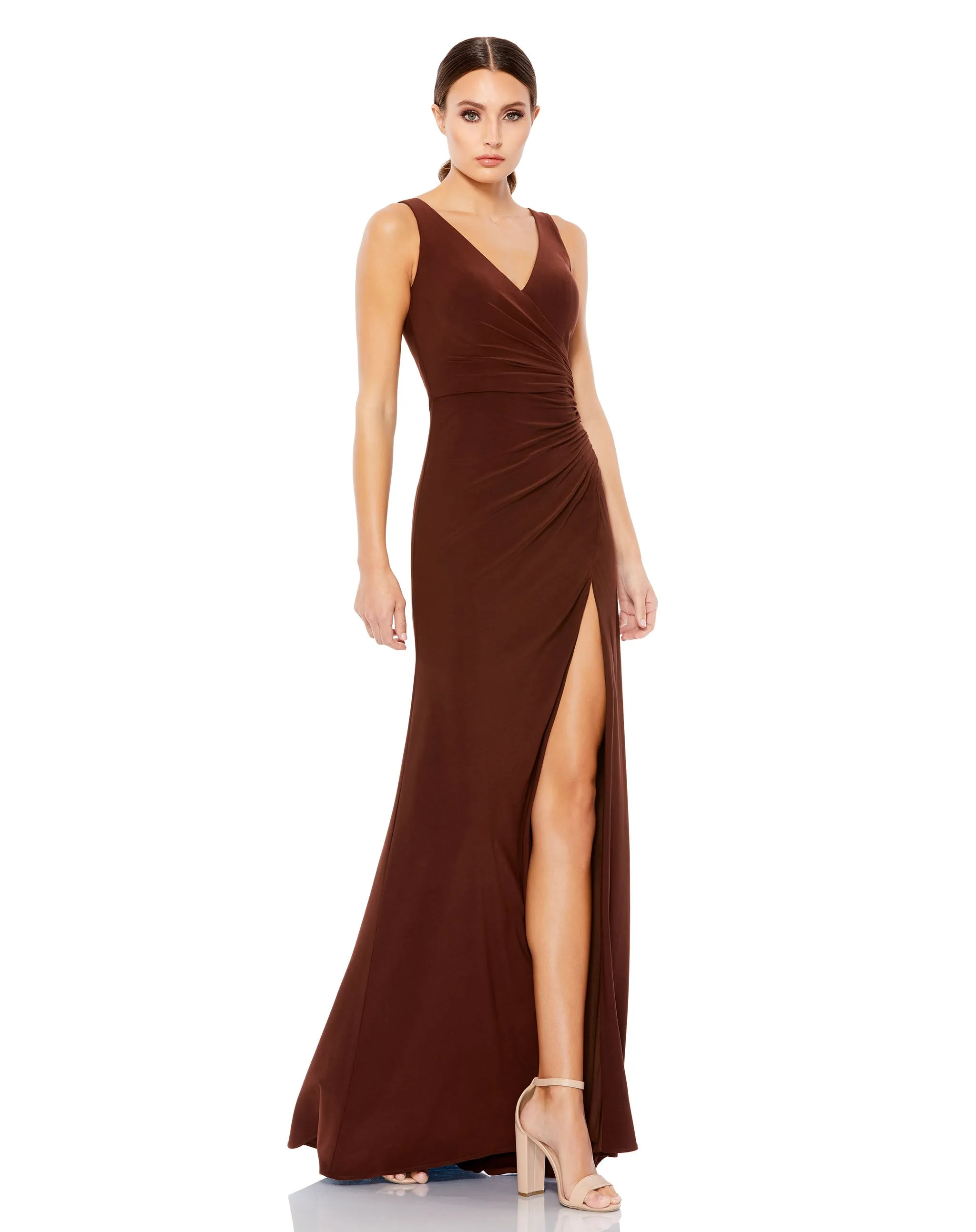 Brown Ruched Stretch Jersey V-Neck Gown sold by Mac Duggal