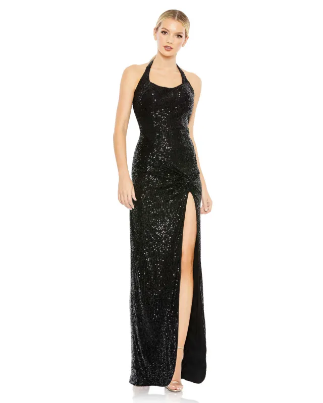 Pink Sequined Halter Strap Low Side Knot Gown sold by Mac Duggal