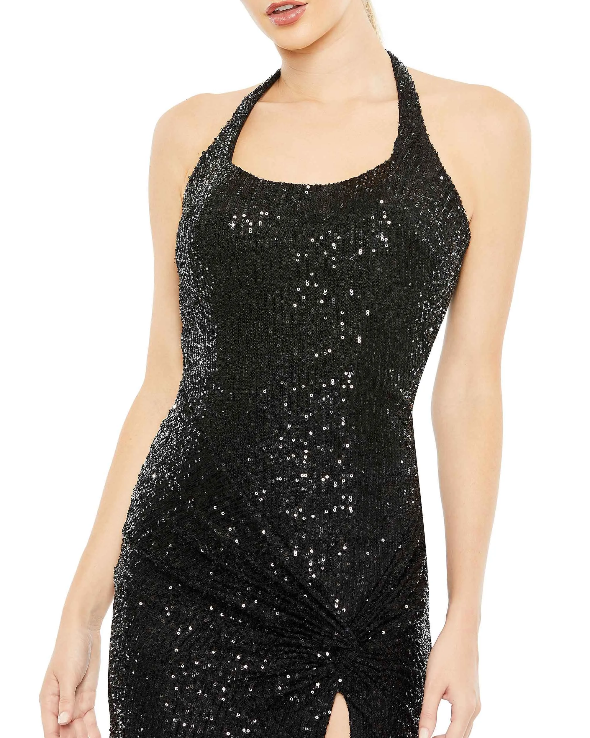 Pink Sequined Halter Strap Low Side Knot Gown sold by Mac Duggal product image thumbnail 2