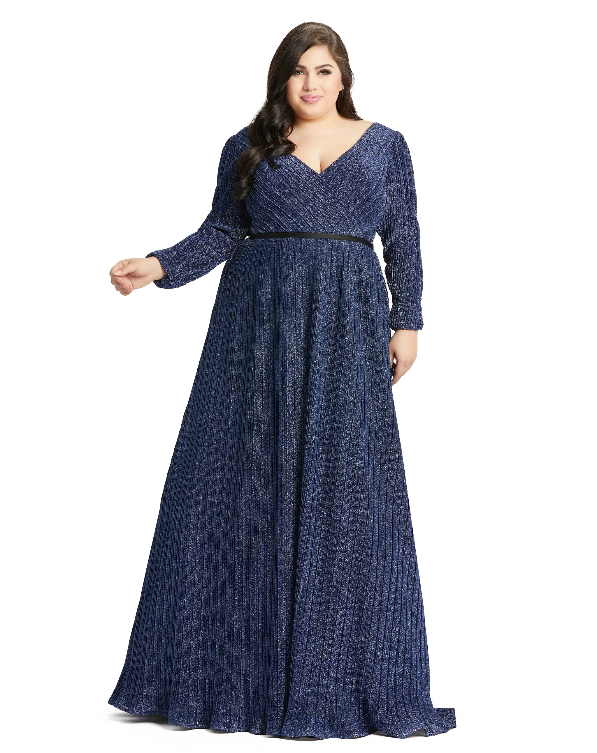 Navy Shimmering V-Neck Evening Gown (Plus) sold by Mac Duggal