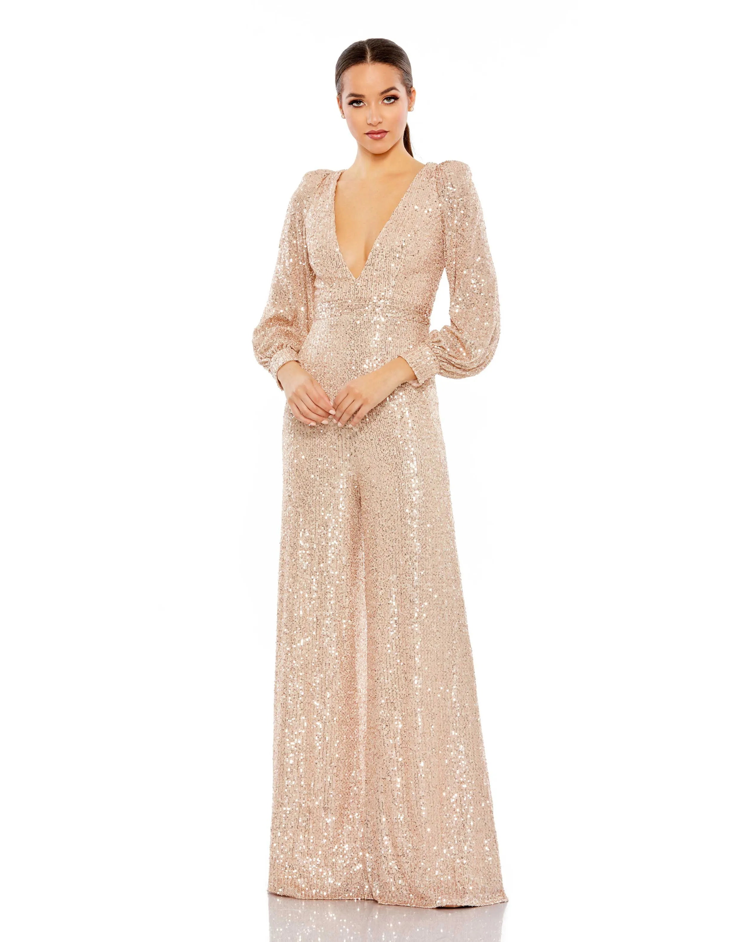 Sequined V Neck Bishop Sleeve Jumpsuit sold by Mac Duggal product image thumbnail 4