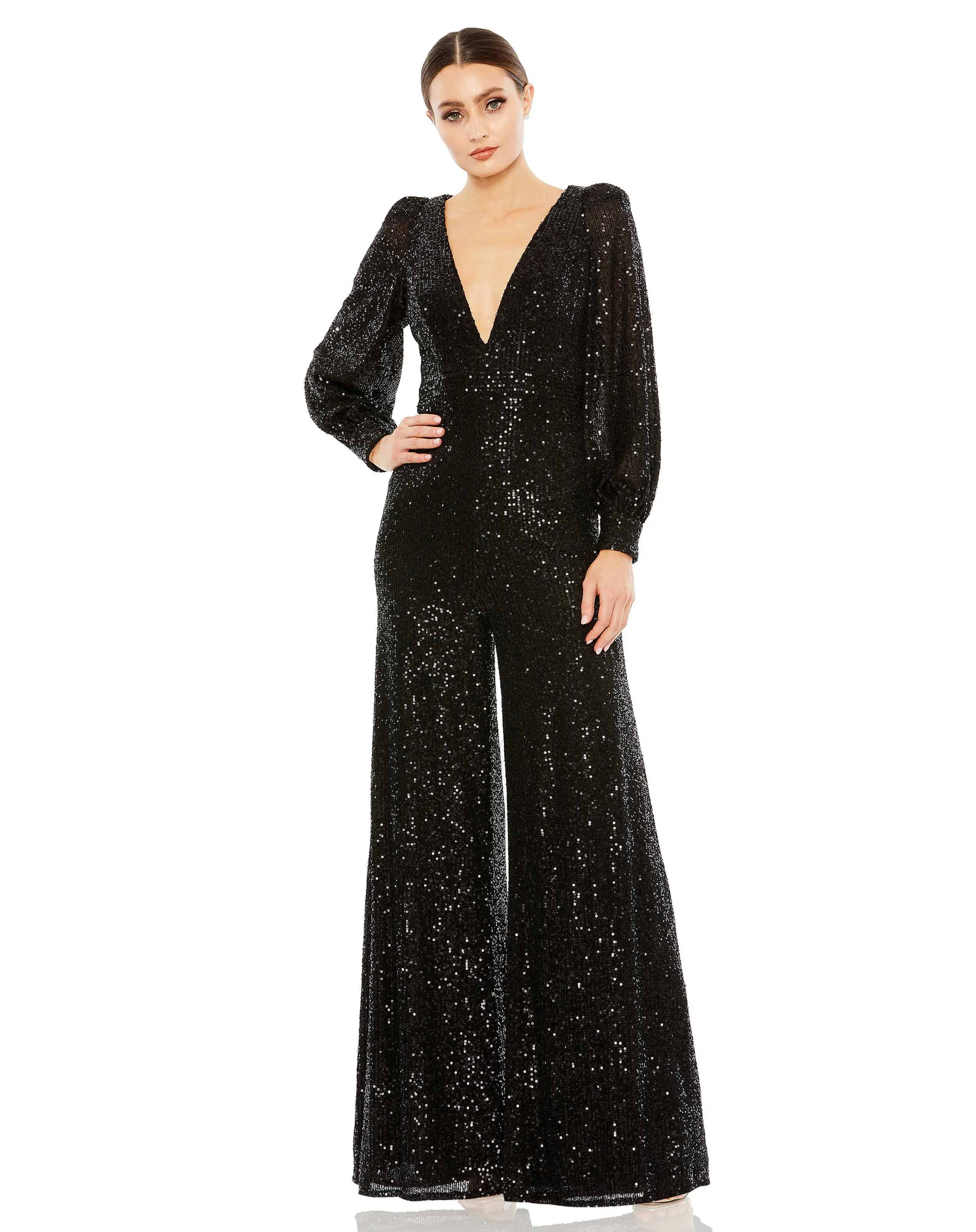 Sequined V Neck Bishop Sleeve Jumpsuit sold by Mac Duggal