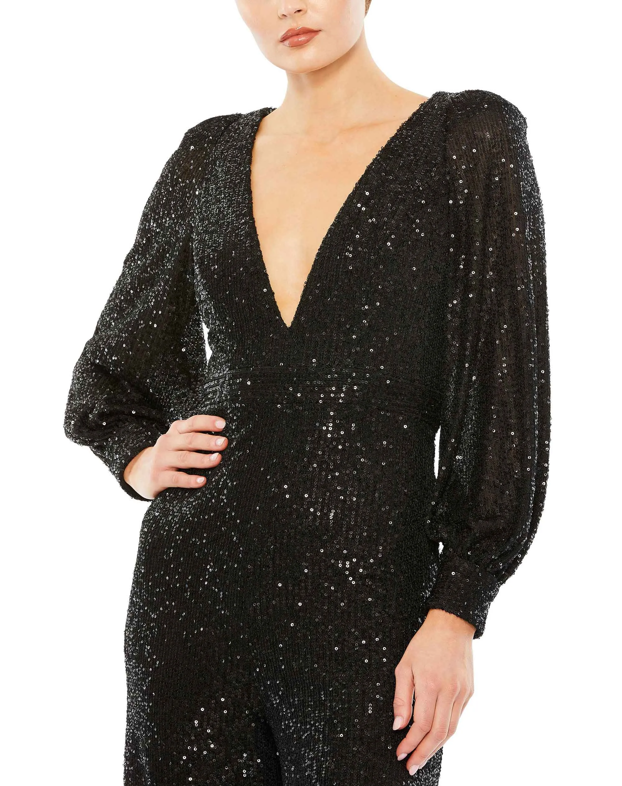 Sequined V Neck Bishop Sleeve Jumpsuit sold by Mac Duggal product image thumbnail 3