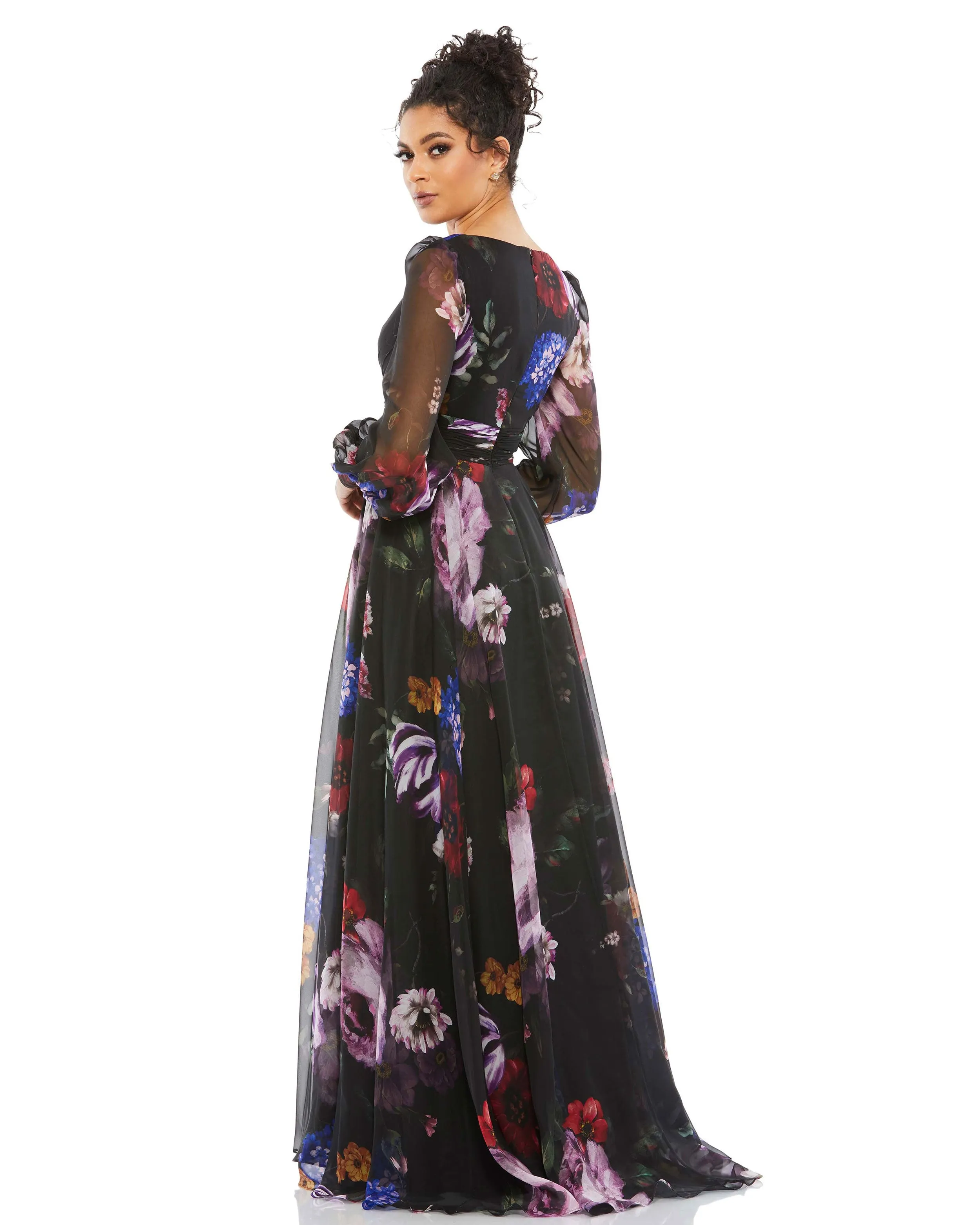 Black Floral Print Chiffon Long Sleeve Maxi Dress sold by Mac Duggal product image thumbnail 3