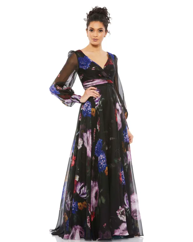 Black Floral Print Chiffon Long Sleeve Maxi Dress sold by Mac Duggal