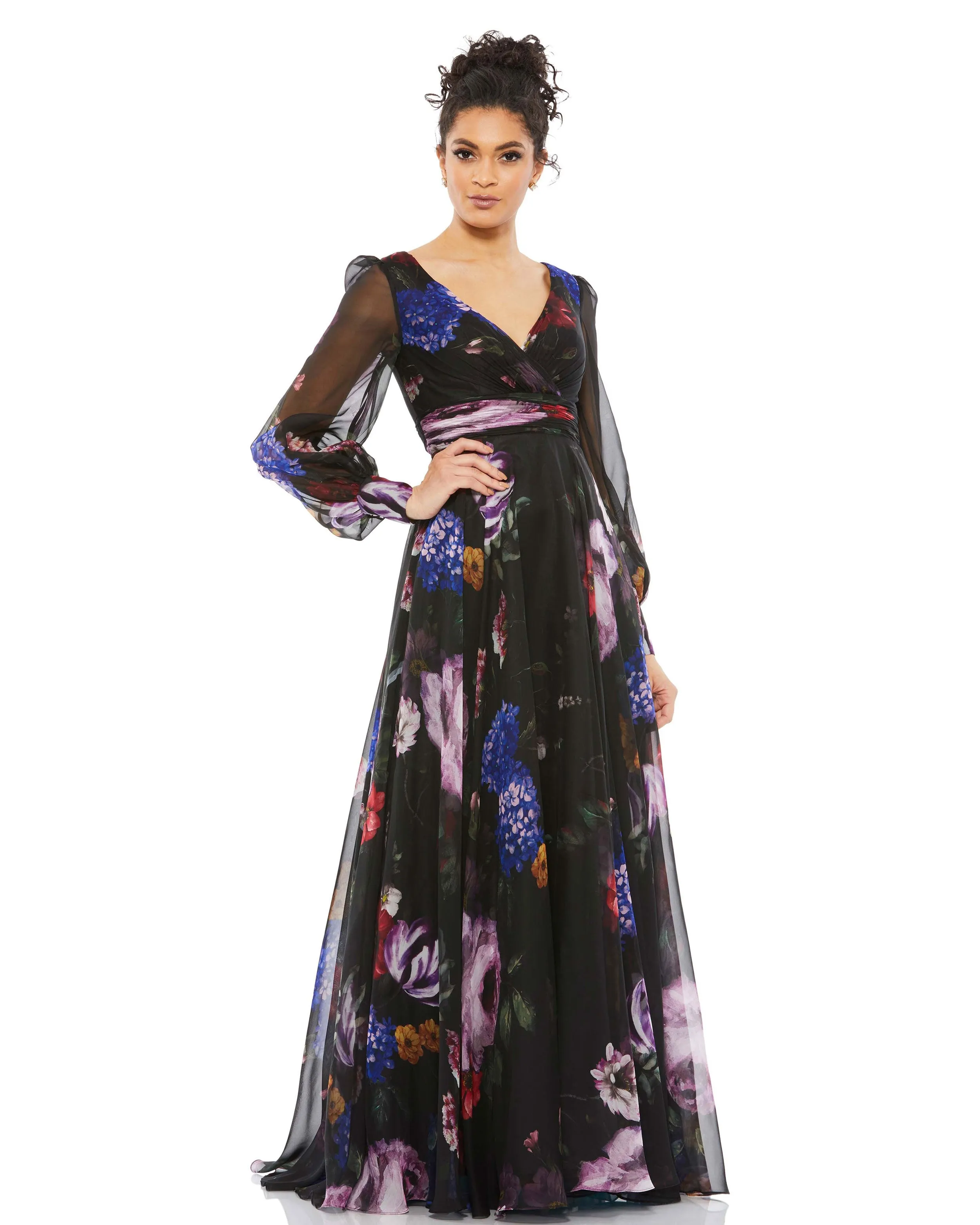 Black Floral Print Chiffon Long Sleeve Maxi Dress sold by Mac Duggal