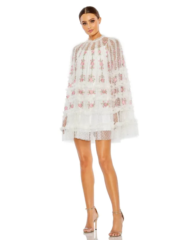 White Embroidered Long Flare Sleeve Mesh Dress sold by Mac Duggal