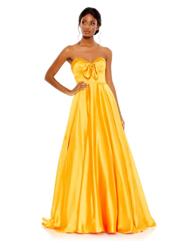 Yellow Bow Sweetheart Strapless A Line Gown sold by Mac Duggal