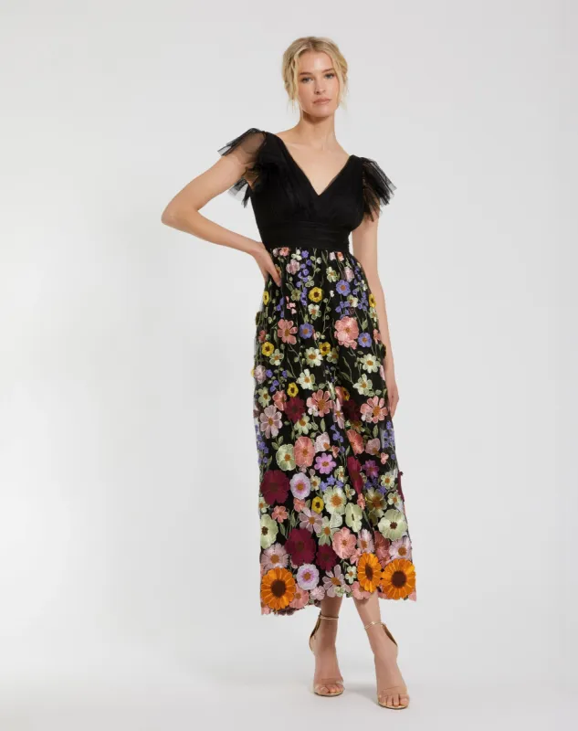 Black Multicolor Embroidered Flutter Sleeve Floral Dress sold by Mac Duggal
