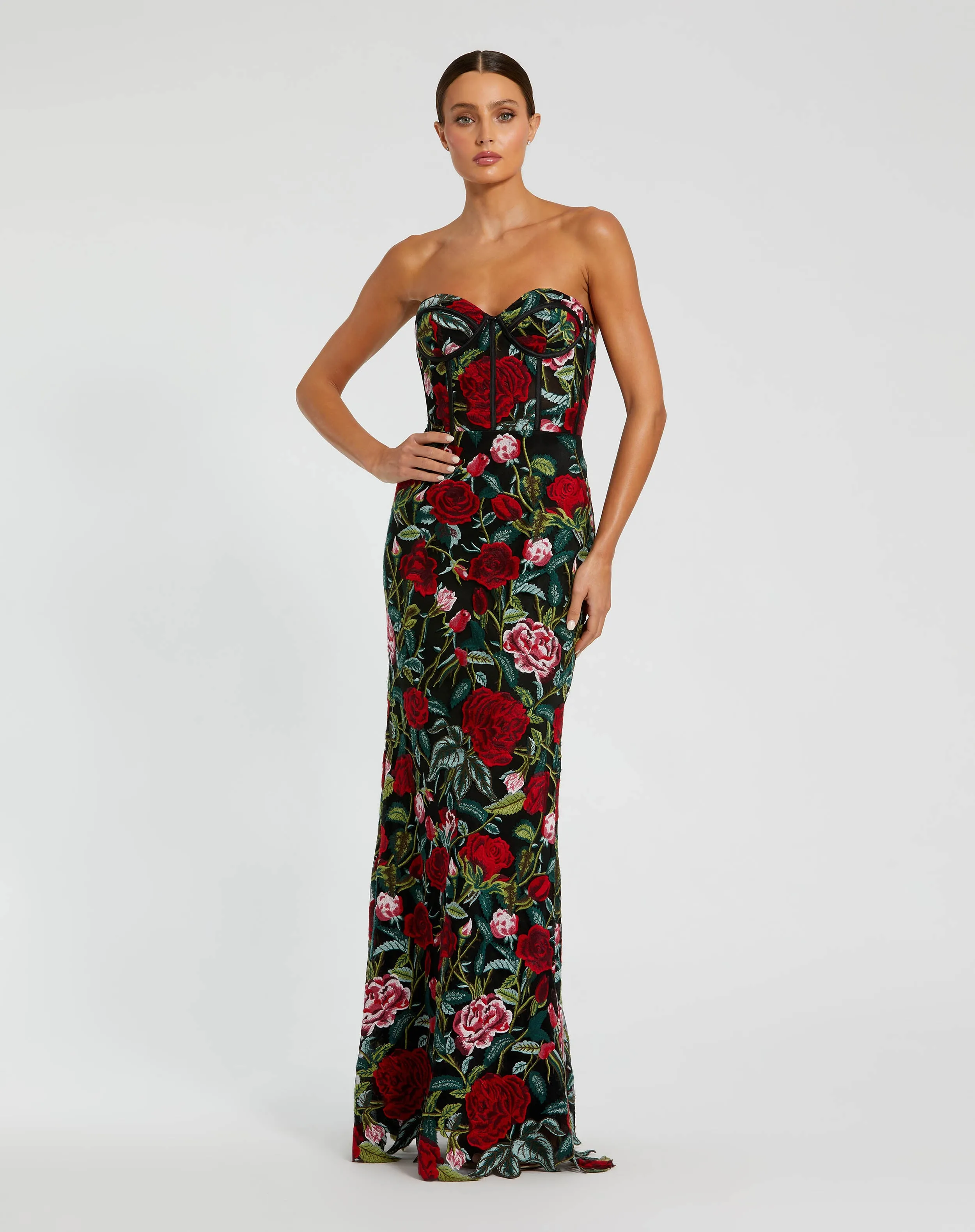 Black Sheer Bustier Top Floral Applique Gown sold by Mac Duggal