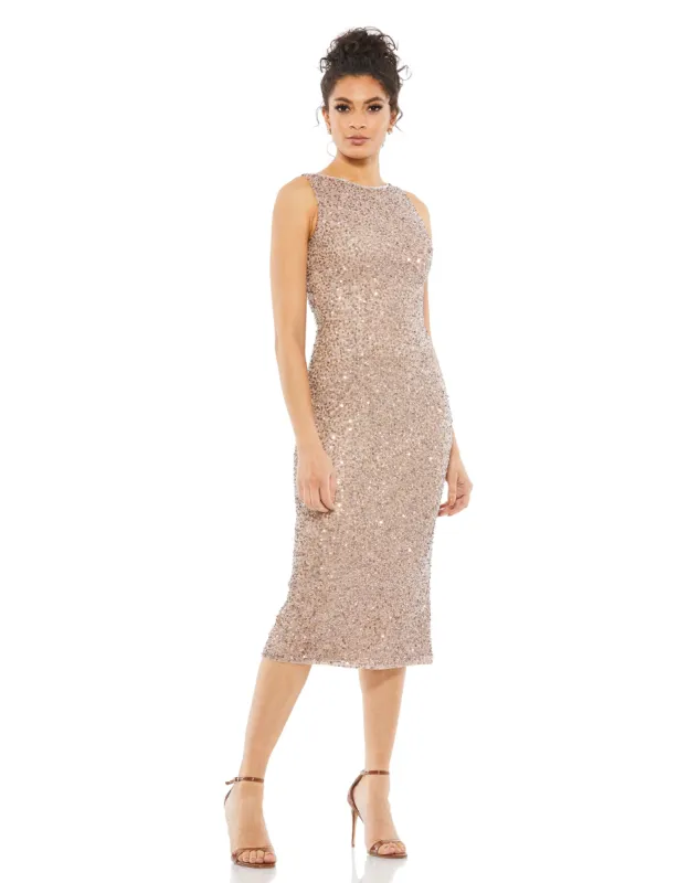 Beige Sleeveless Sequined Midi Sheath Dress sold by Mac Duggal