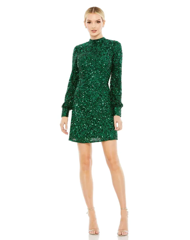Green Sequin Open Back Bishop Sleeve Mini Dress sold by Mac Duggal
