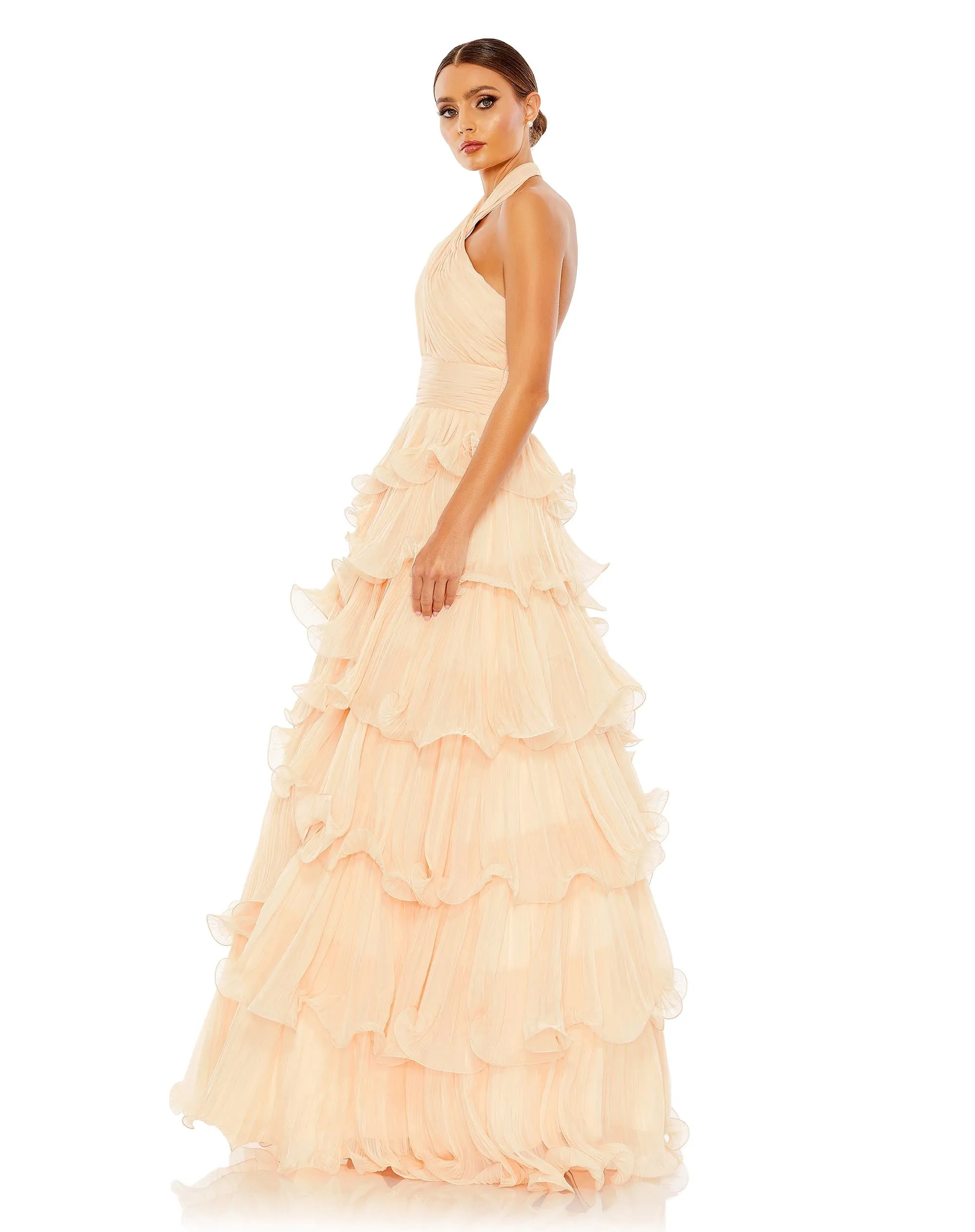 Pleated Ruffle Tiered Cross Halter Neck Ballgown sold by Mac Duggal product image thumbnail 4