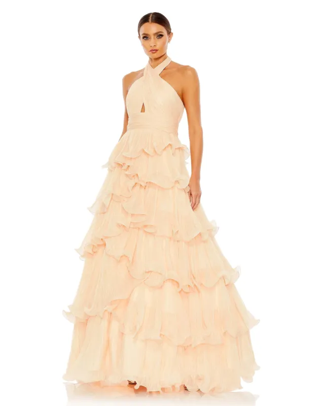 Pleated Ruffle Tiered Cross Halter Neck Ballgown made by Mac Duggal