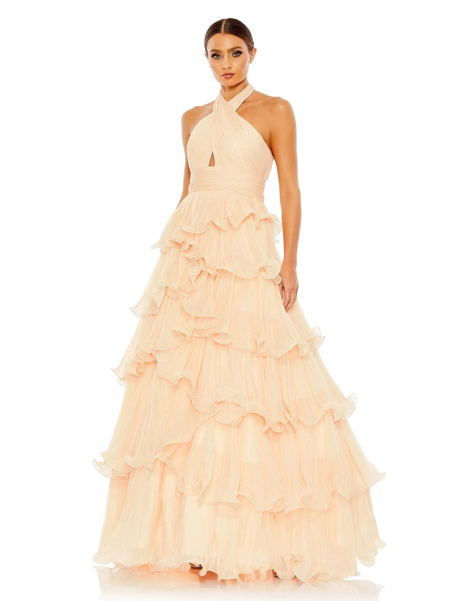 Pleated Ruffle Tiered Cross Halter Neck Ballgown sold by Mac Duggal