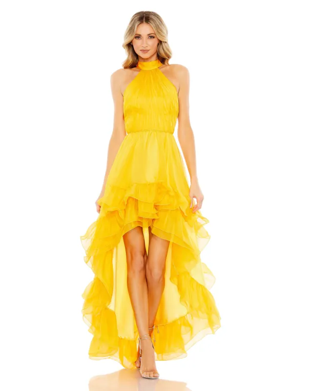 Green Ruffle Tiered High Low Pleated Halter Neck Gown sold by Mac Duggal