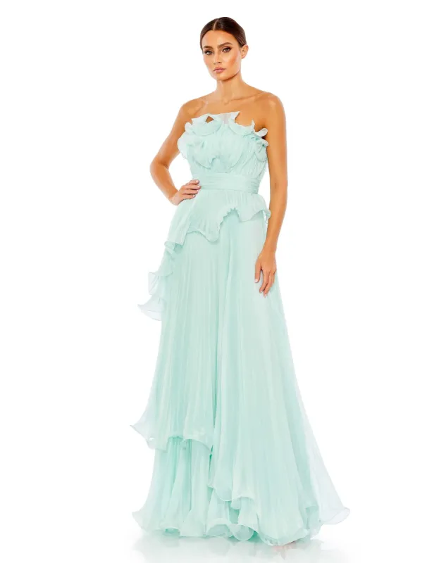 Blue Pleated Tiered Ruffled Strapless Gown sold by Mac Duggal