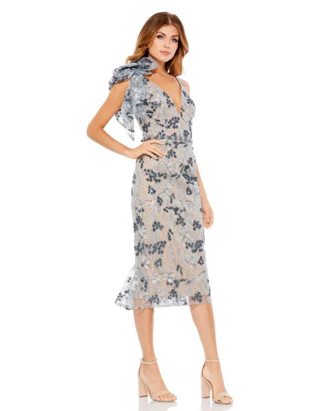 Multicolor Floral Embellished V-neck Midi Dress with Shoulder Bow sold by Mac Duggal
