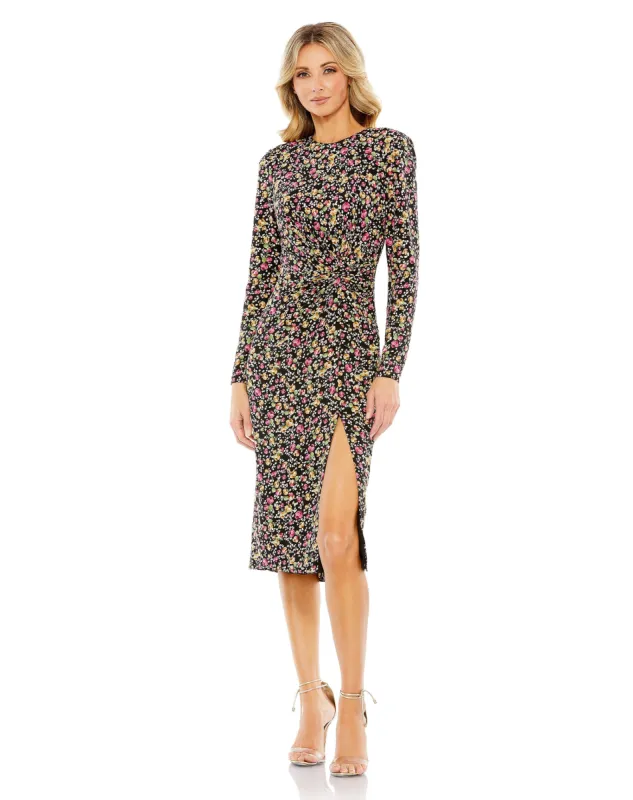 Black Floral Long Sleeve Midi Dress sold by Mac Duggal