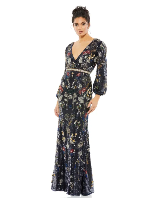 Navy Embellished Wrap Over Bishop Sleeve Gown sold by Mac Duggal