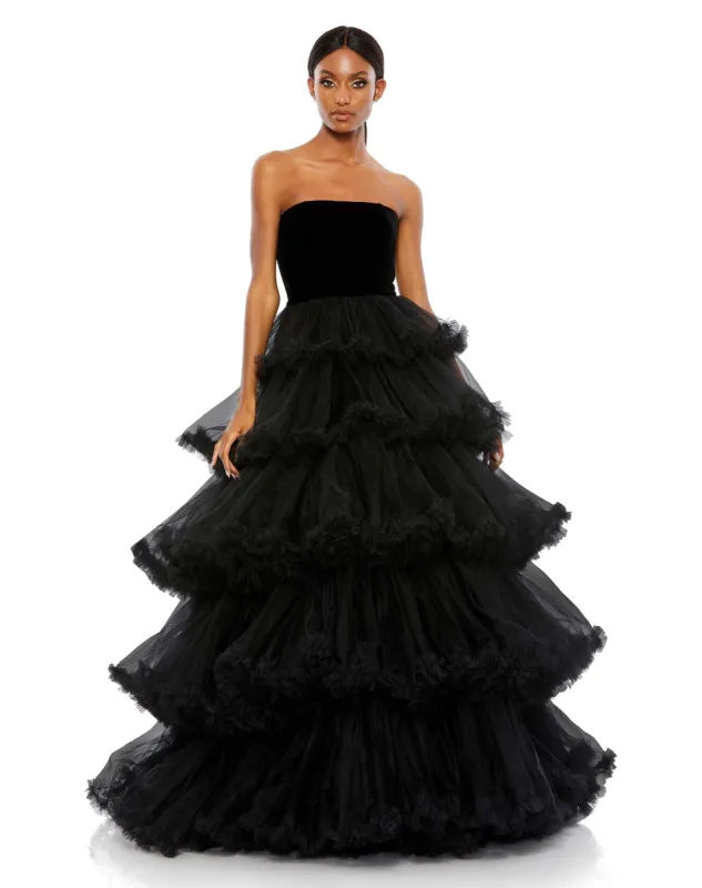 Black Strapless Tiered Ruffle Ballgown sold by Mac Duggal