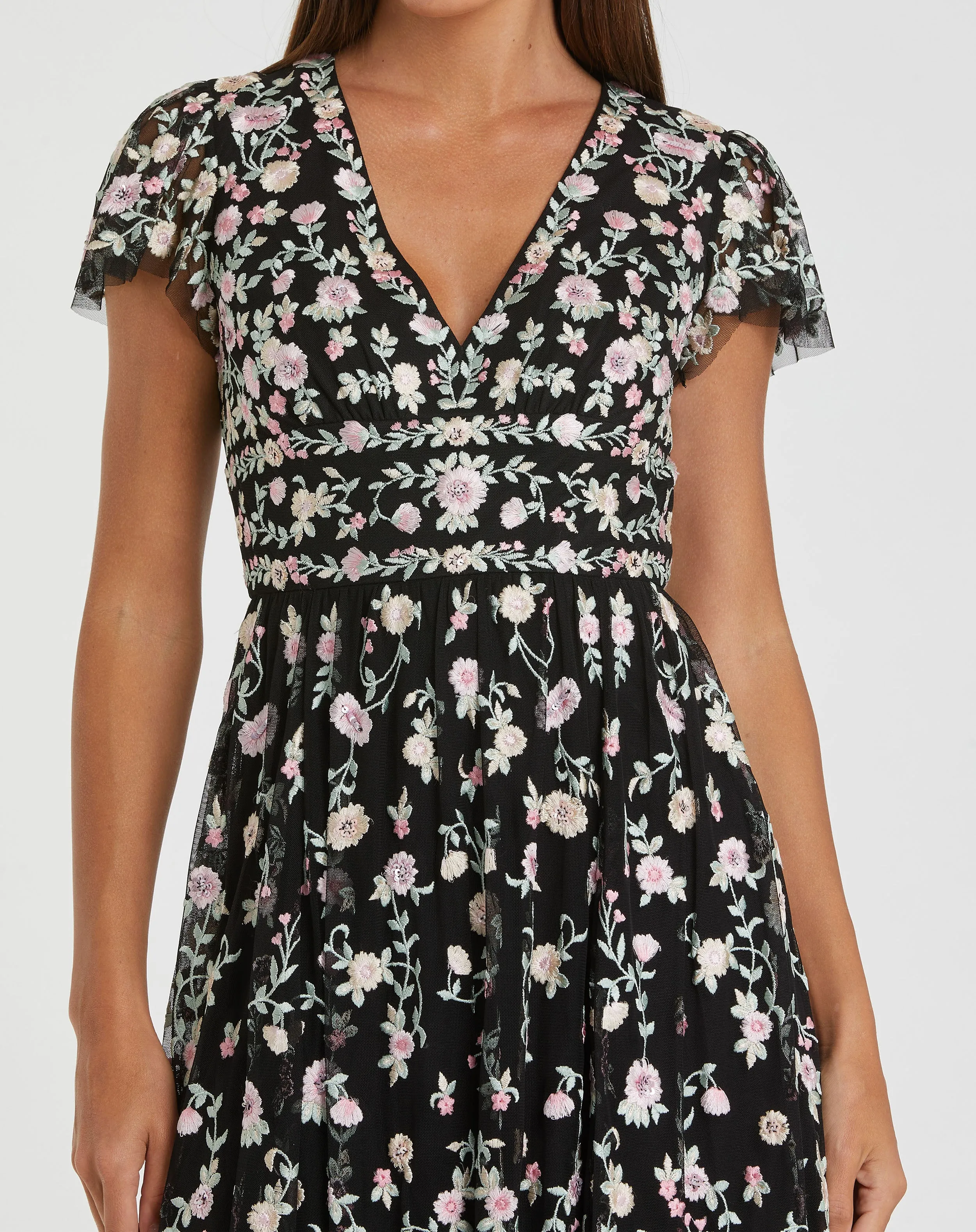 Green Multicolor Embroidered V Neck Cap Sleeve Midi Dress sold by Mac Duggal product image thumbnail 2