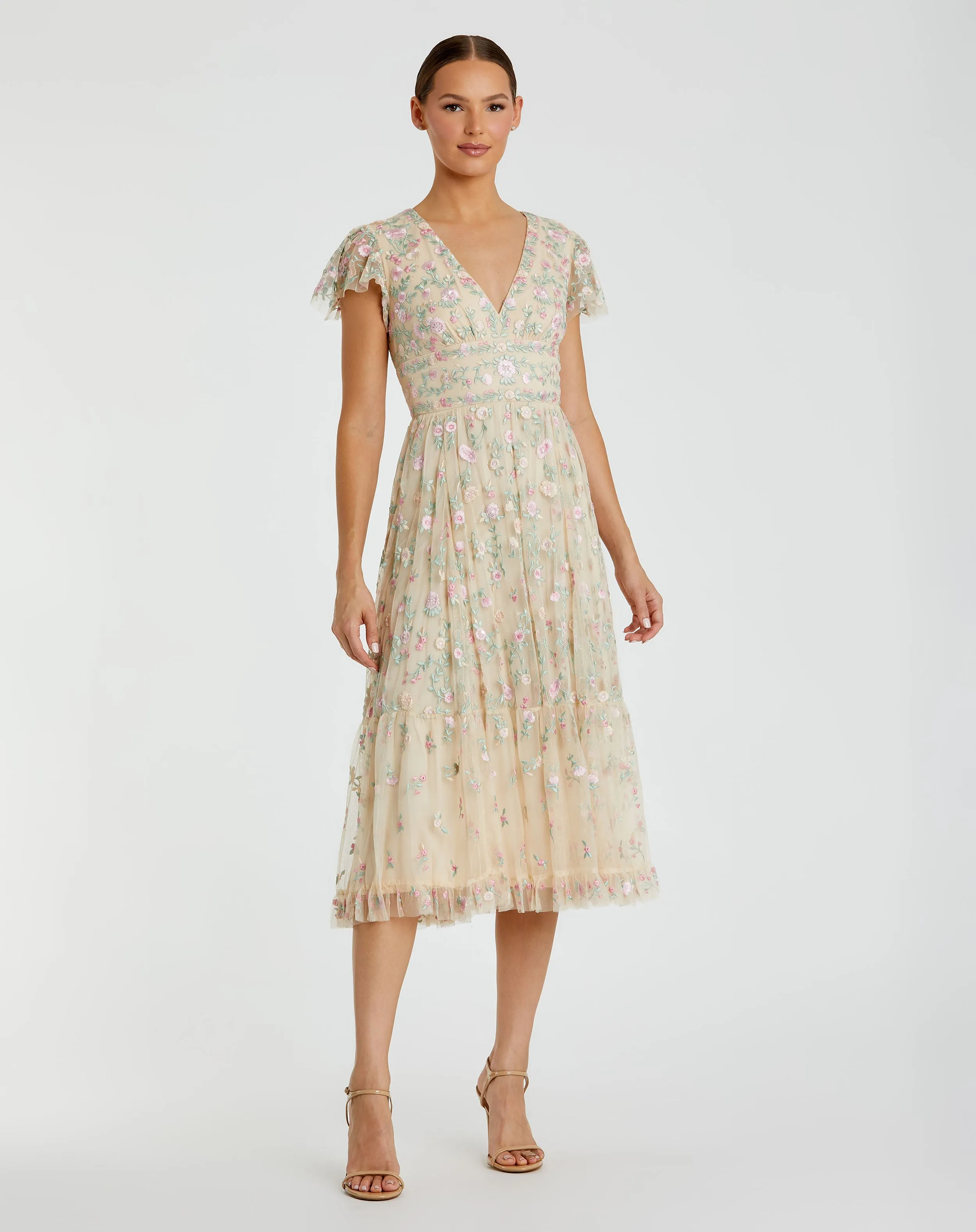 Green Multicolor Embroidered V Neck Cap Sleeve Midi Dress sold by Mac Duggal product image thumbnail 4