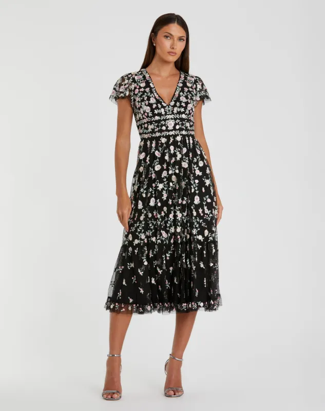 Green Multicolor Embroidered V Neck Cap Sleeve Midi Dress sold by Mac Duggal