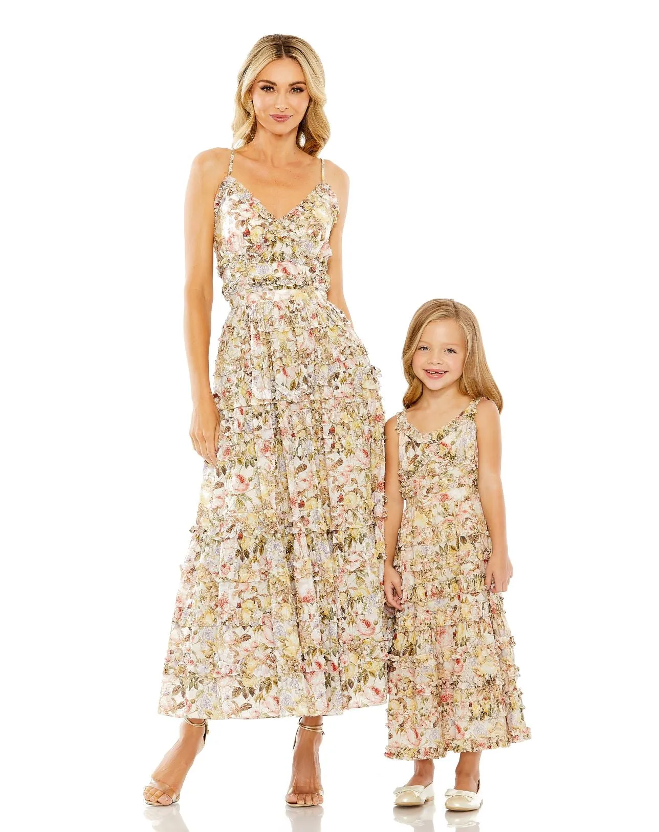 Beige Girls Floral Print Ruffle Tiered Midi Dress sold by Mac Duggal product image thumbnail 3