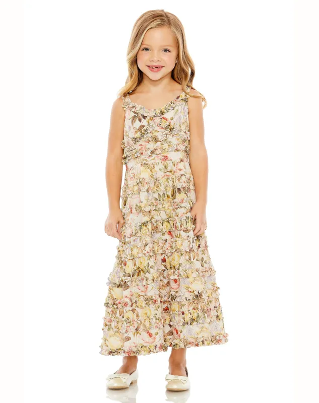 Beige Girls Floral Print Ruffle Tiered Midi Dress sold by Mac Duggal