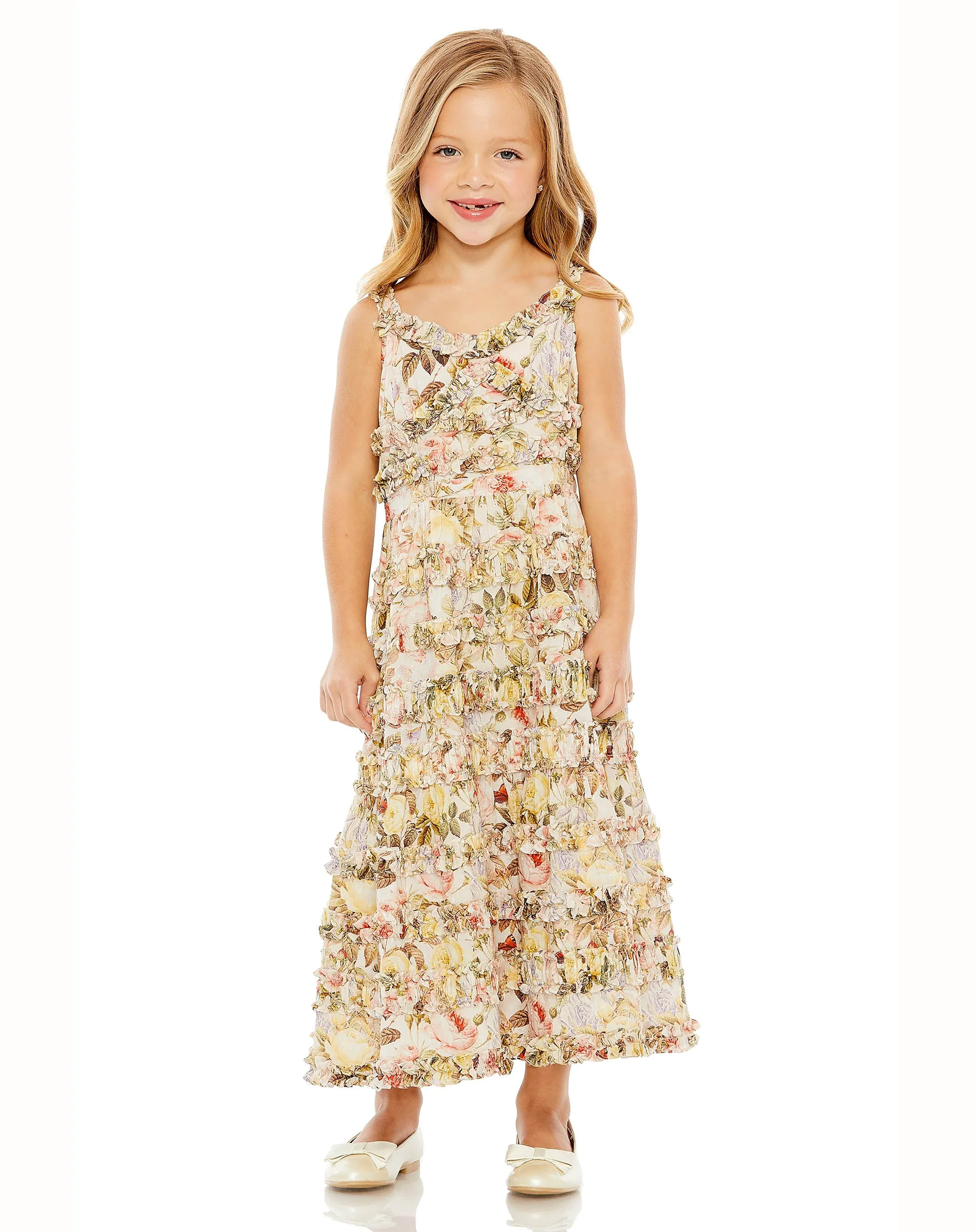Beige Girls Floral Print Ruffle Tiered Midi Dress sold by Mac Duggal