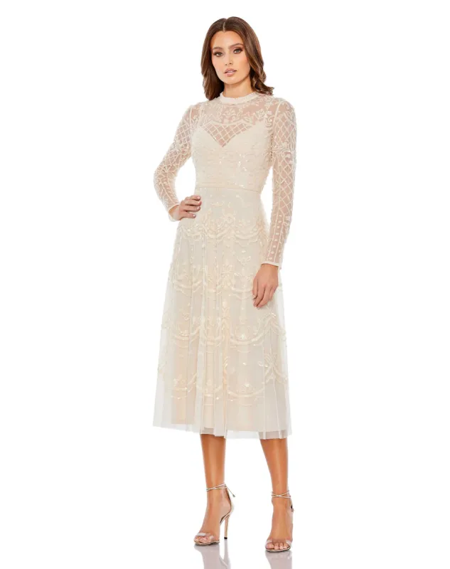 Nude Sequined Illusion High Neck Long Sleeve Midi Dress sold by Mac Duggal