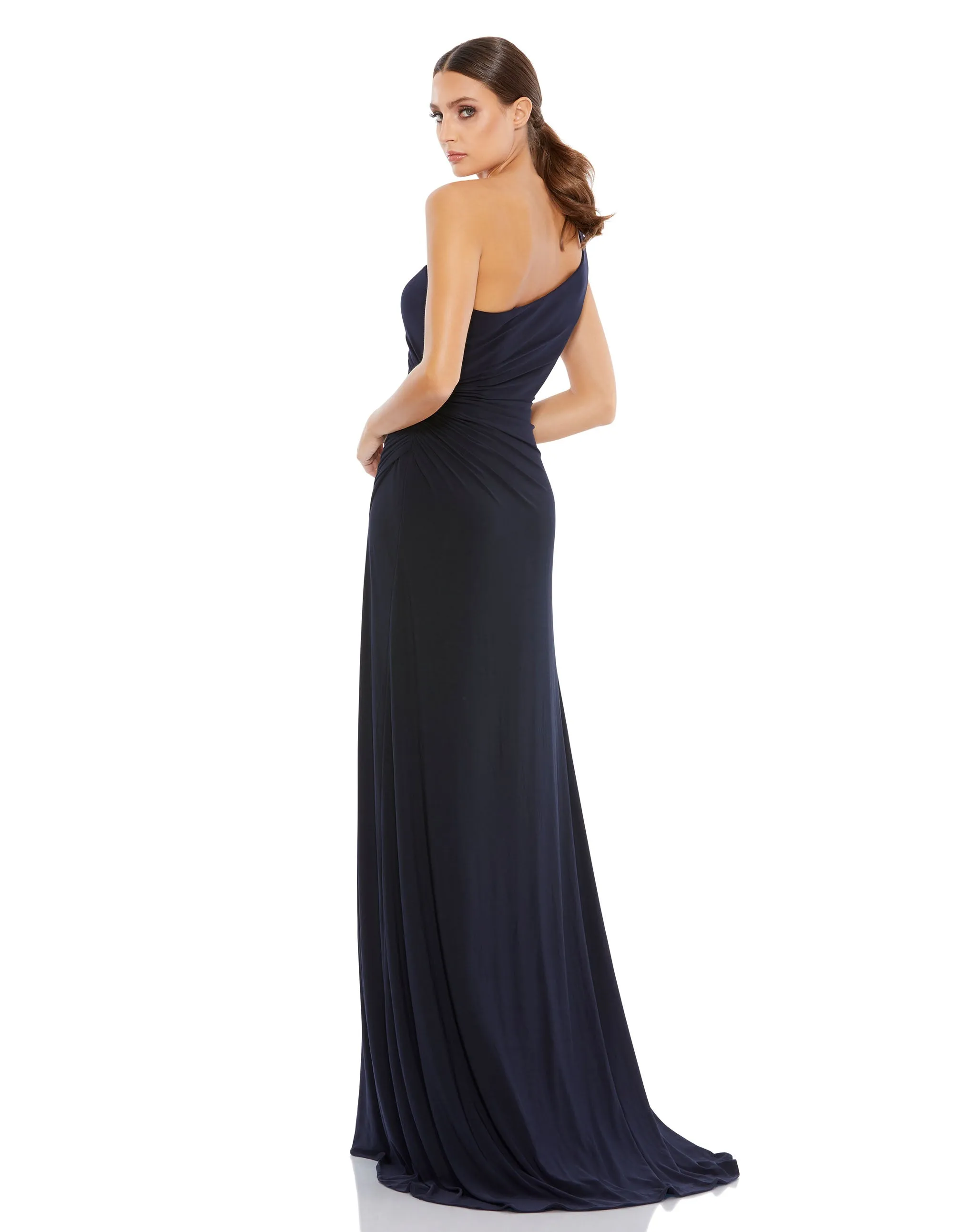 Navy One Shoulder Ruched Jersey Evening Gown sold by Mac Duggal product image thumbnail 3