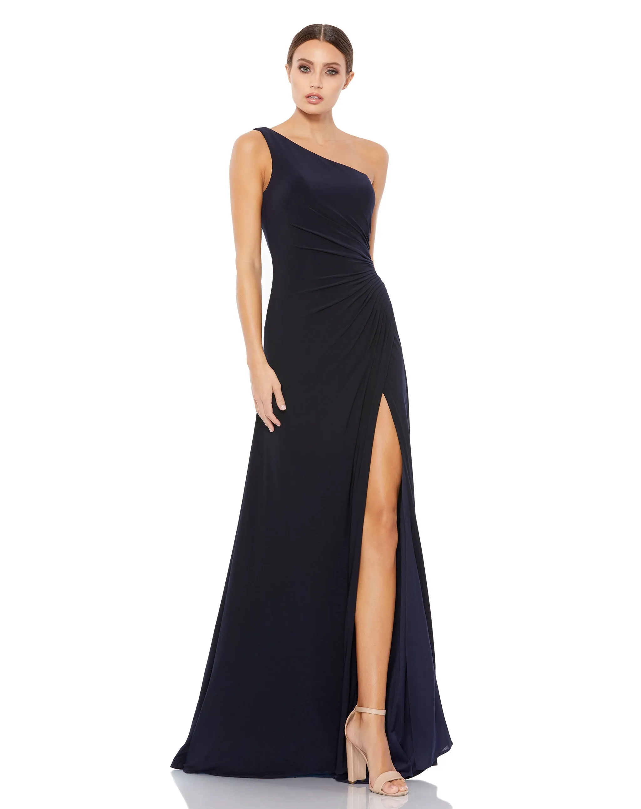 Navy One Shoulder Ruched Jersey Evening Gown sold by Mac Duggal