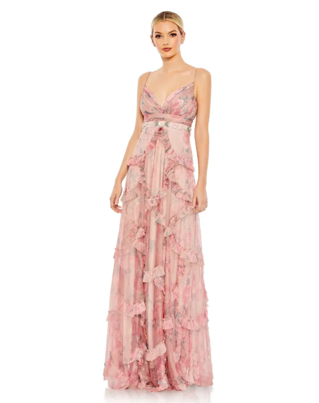 Pink Ruffled Sleeveless V Neck Floral A Line Gown sold by Mac Duggal