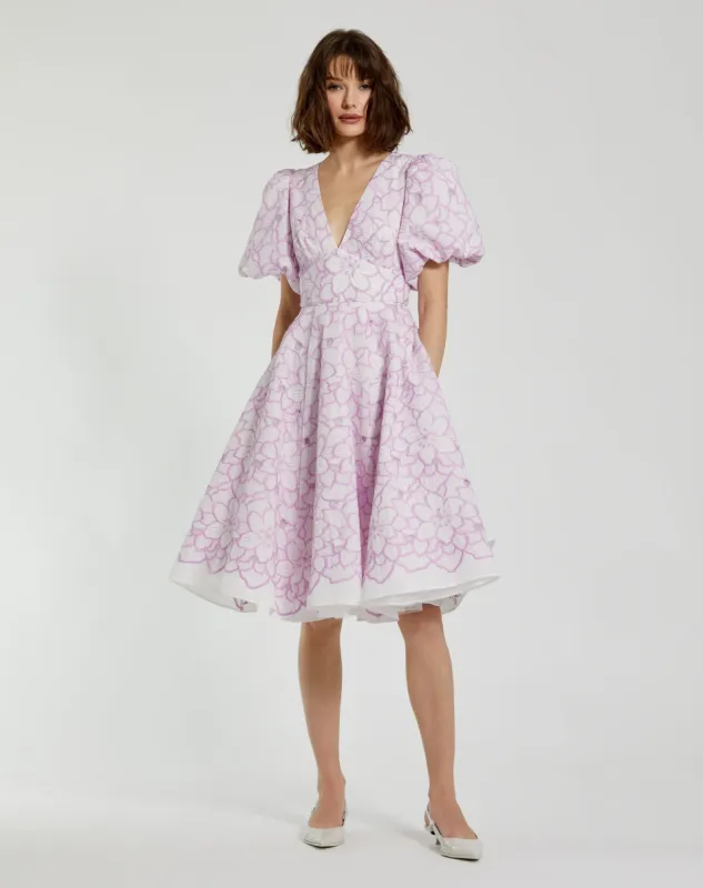 Multicolor Embroidered Floral Puff Sleeve Midi Dress sold by Mac Duggal