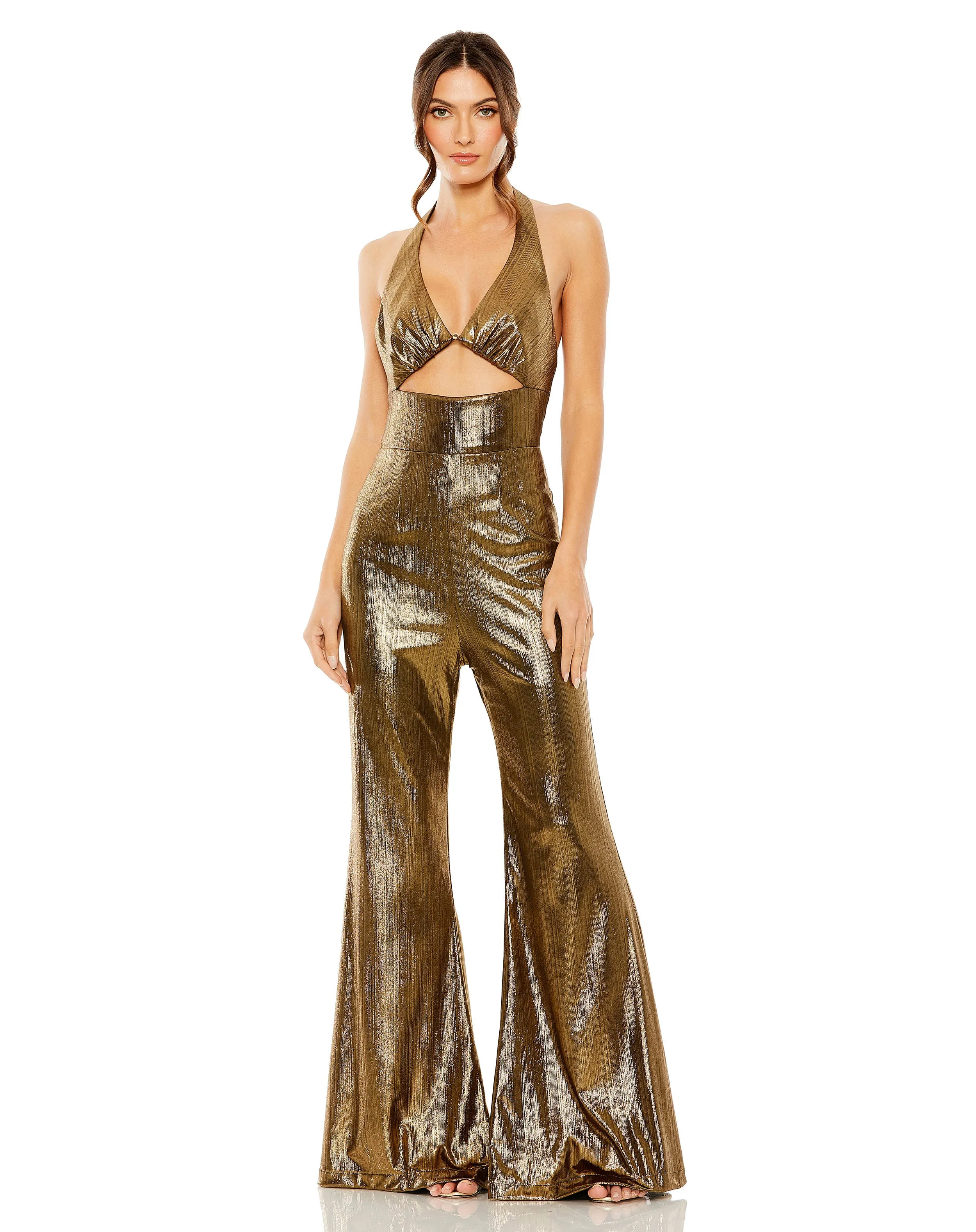 Halter Cutout Bodice Metallic Jumpsuit | Sample | Sz. 2 sold by Mac Duggal