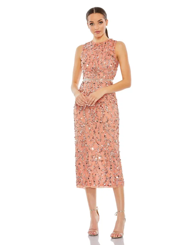 Navy Sequined Sleeveless High Neck Midi Dress sold by Mac Duggal