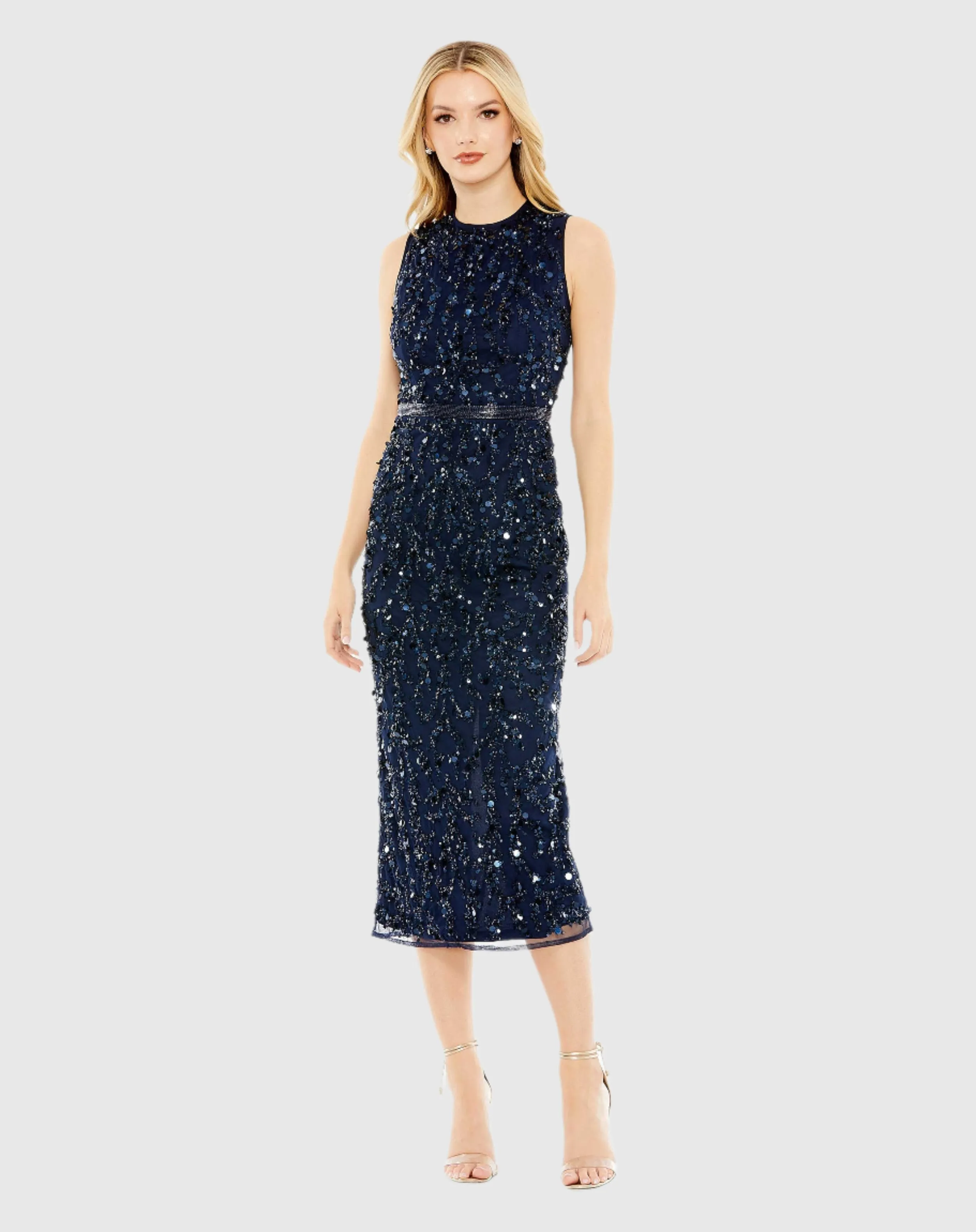 Navy Sequined Sleeveless High Neck Midi Dress sold by Mac Duggal product image thumbnail 4